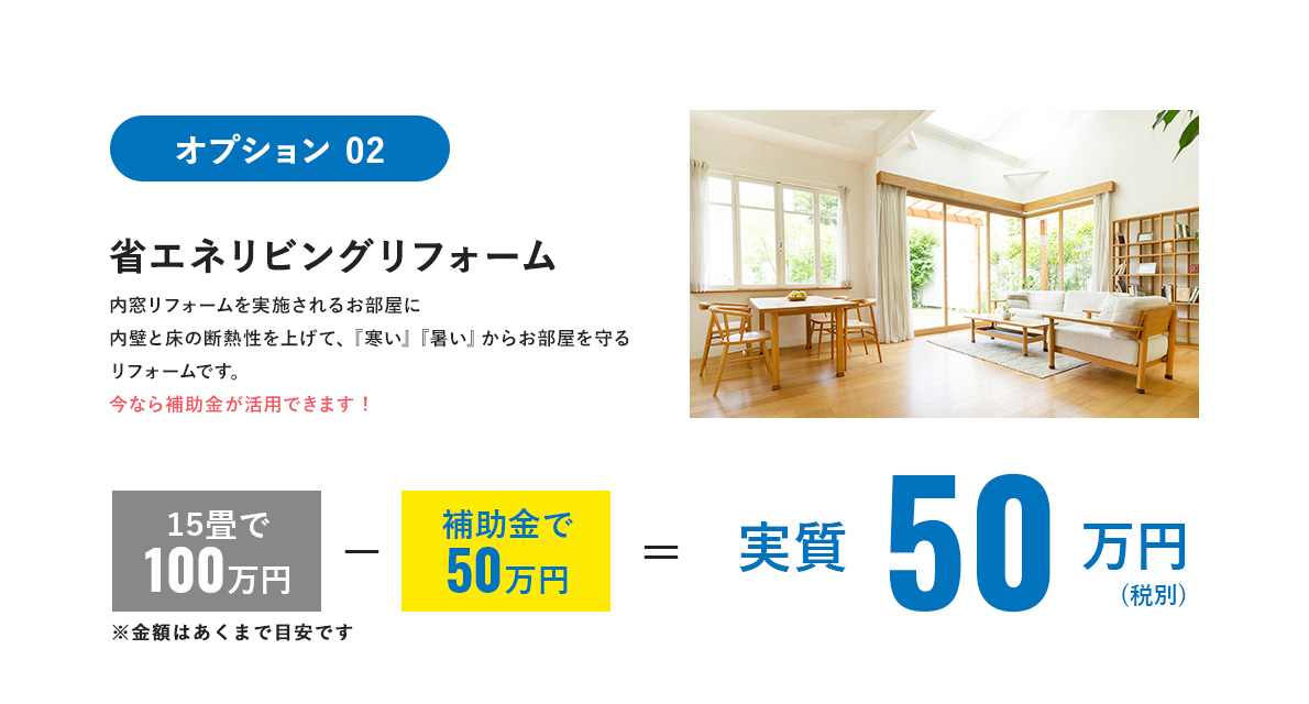 オプション 02 省エネリビングリフォームの場合実質50万円(税別)